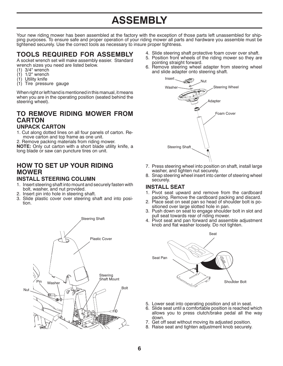 Assembly, Tools required for assembly, How to set up your riding mower | McCulloch MOWCART 66 User Manual | Page 6 / 24