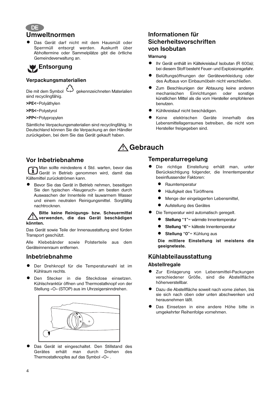 Gebrauch, Umweltnormen, Entsorgung | Vor inbetriebnahme, Inbetriebnahme temperaturregelung, Kühlabteilausstattung | Zanussi ZBA 3154A User Manual | Page 4 / 64