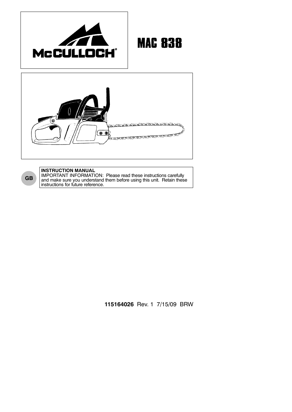 McCulloch MAC 838 User Manual | 20 pages