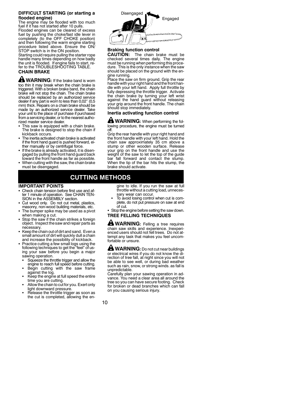 Cutting methods, Warning | McCulloch MAC 838 User Manual | Page 10 / 20