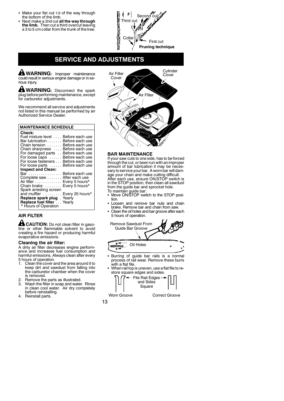 Service and adjustments, Warning | McCulloch MAC 838 User Manual | Page 13 / 20