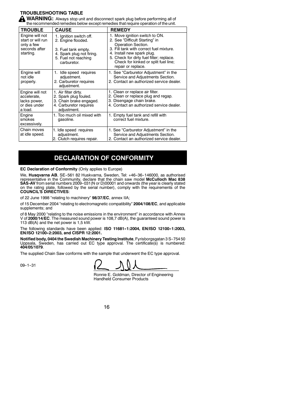Declaration of conformity, Warning | McCulloch MAC 838 User Manual | Page 16 / 20