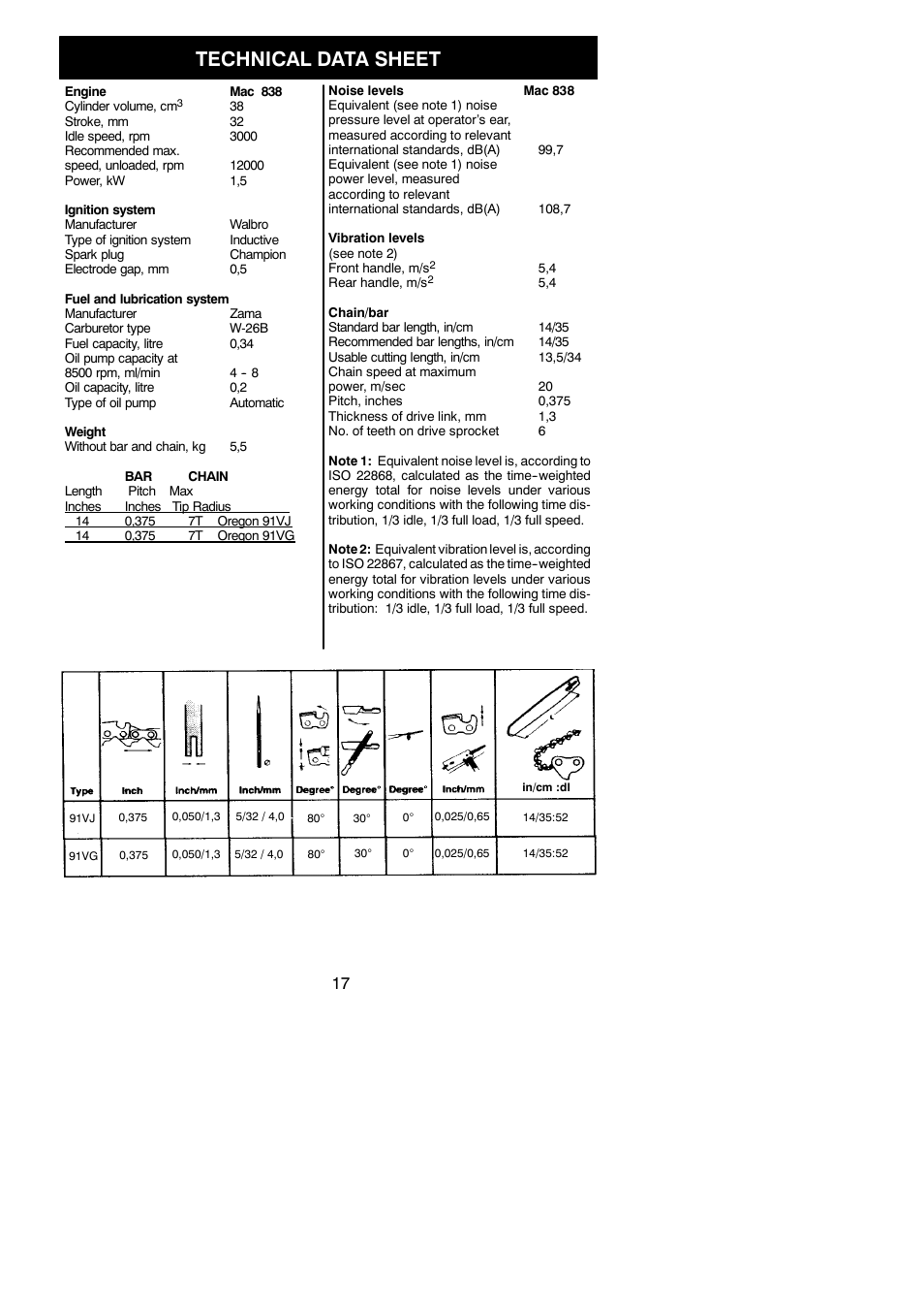 Technical data sheet | McCulloch MAC 838 User Manual | Page 17 / 20