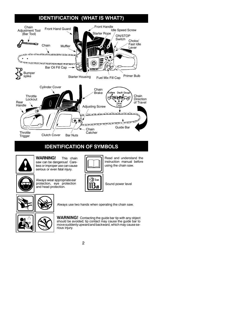 Identification (what is what?), Identification of symbols, Warning | McCulloch MAC 838 User Manual | Page 2 / 20