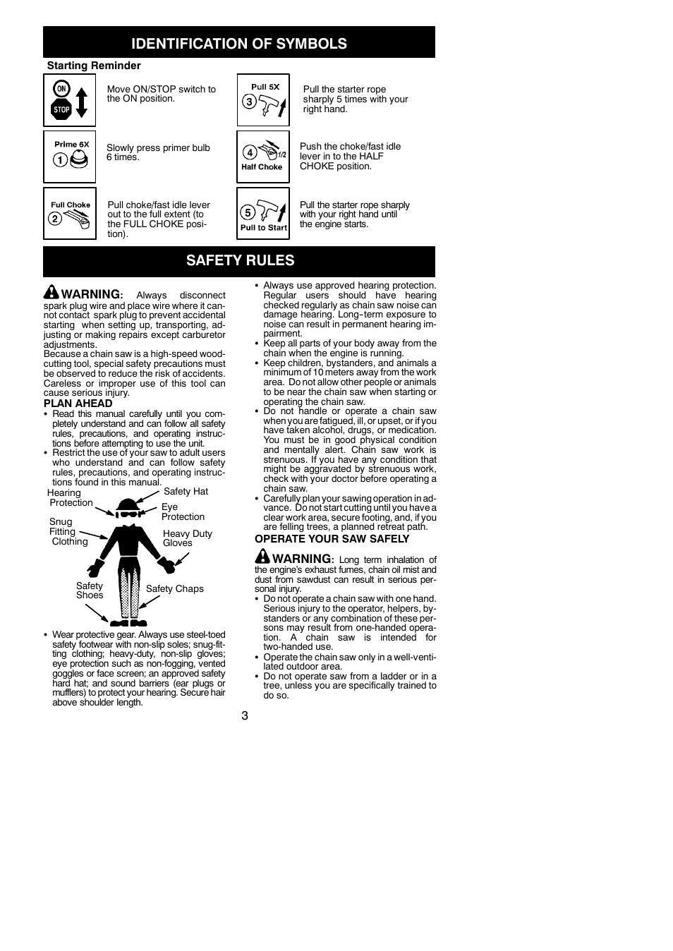 Identification of symbols, Safety rules, Warning | McCulloch MAC 838 User Manual | Page 3 / 20