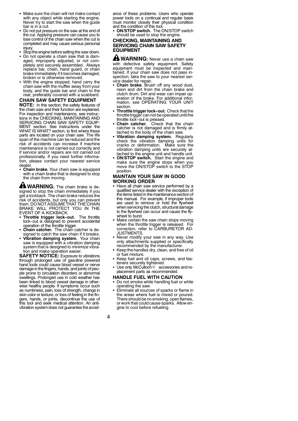 Warning | McCulloch MAC 838 User Manual | Page 4 / 20