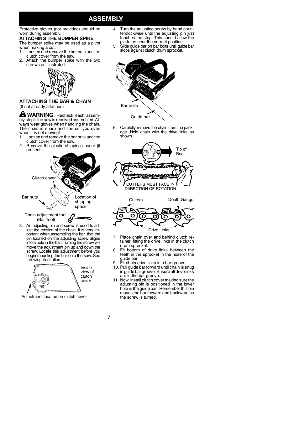 Assembly, Warning | McCulloch MAC 838 User Manual | Page 7 / 20