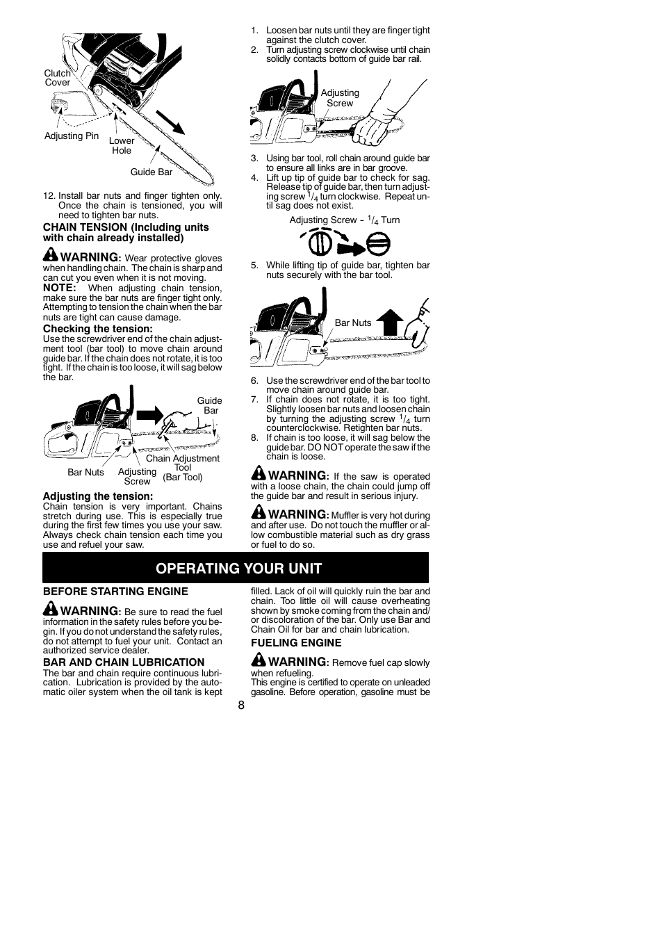 Operating your unit, Warning | McCulloch MAC 838 User Manual | Page 8 / 20