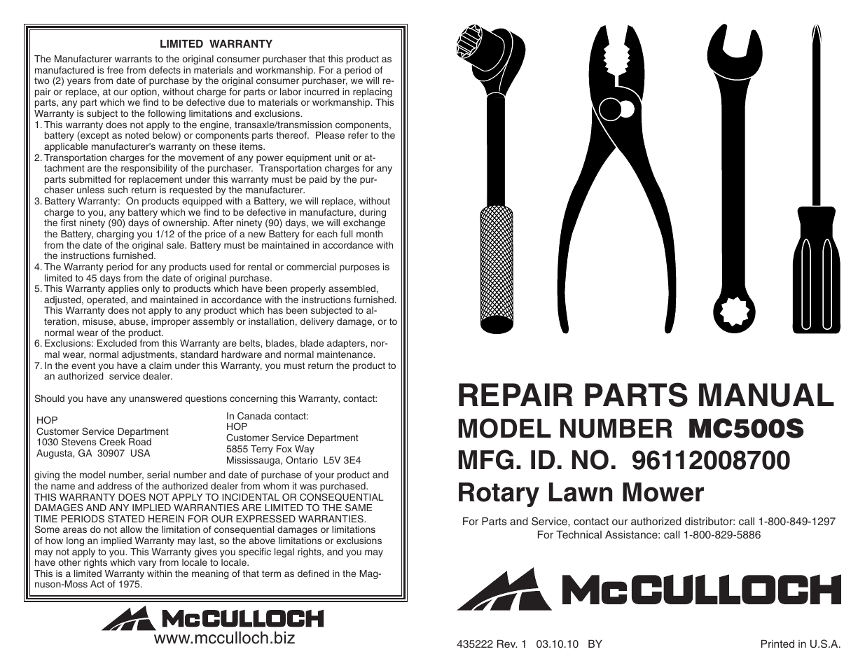 McCulloch MC500S User Manual | 2 pages