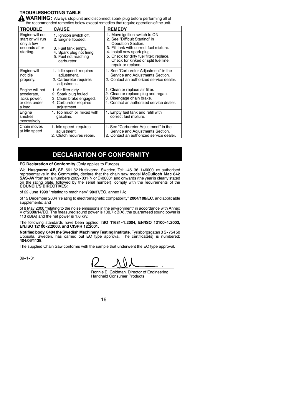 Declaration of conformity, Warning | McCulloch MAC 842 User Manual | Page 16 / 17