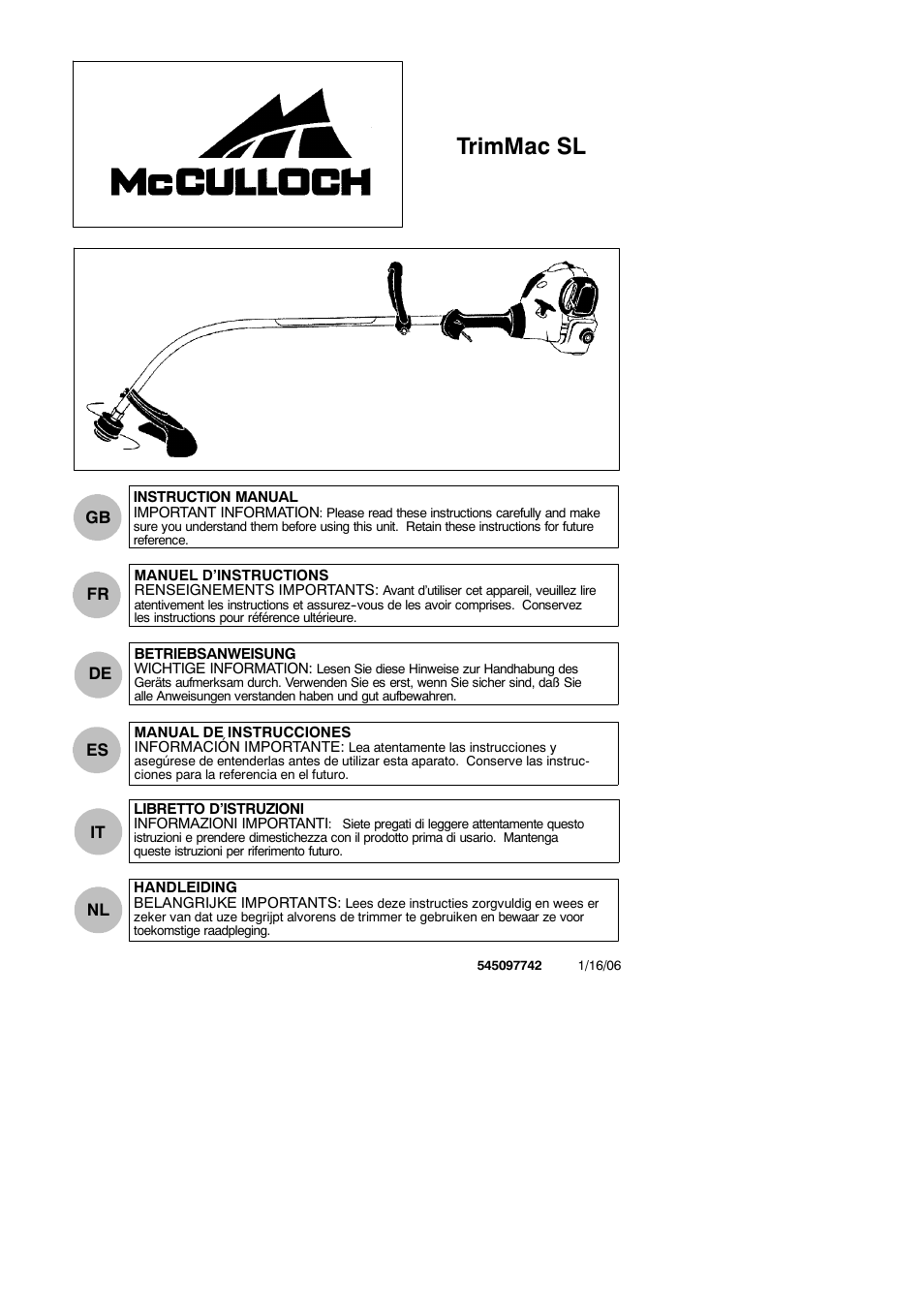 McCulloch TRIMMAC SL 545097742 User Manual | 10 pages