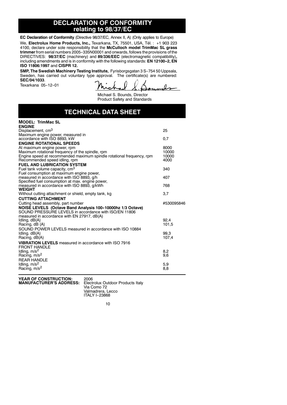 Declaration of conformity relating to 98/37/ec, Technical data sheet | McCulloch TRIMMAC SL 545097742 User Manual | Page 10 / 10
