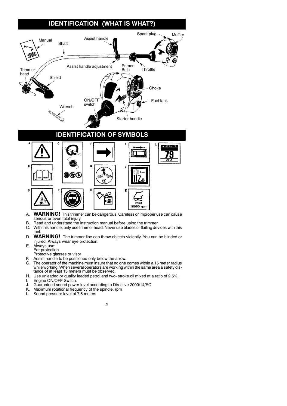 Identification (what is what?), Identification of symbols, Warning | McCulloch TRIMMAC SL 545097742 User Manual | Page 2 / 10