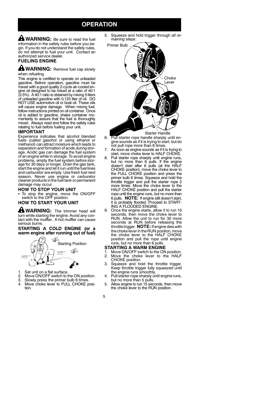 Operation, Warning | McCulloch TRIMMAC SL 545097742 User Manual | Page 5 / 10
