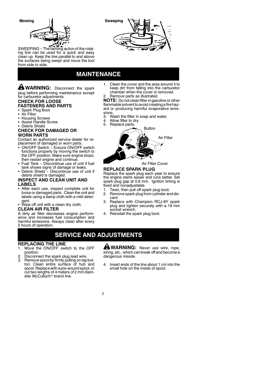 Maintenance, Service and adjustments, Warning | McCulloch TRIMMAC SL 545097742 User Manual | Page 7 / 10