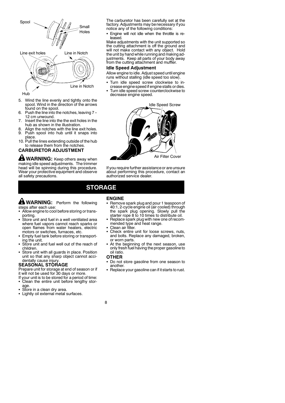 Storage, Warning | McCulloch TRIMMAC SL 545097742 User Manual | Page 8 / 10