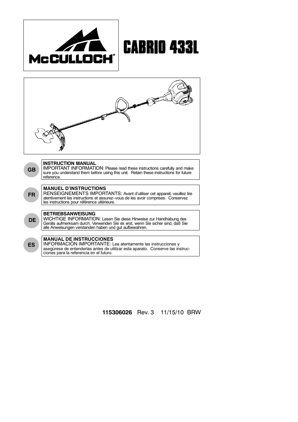 McCulloch Cabrio 115306026 User Manual | 21 pages