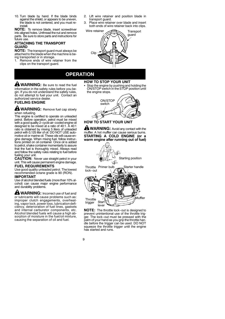 Operation, Warning | McCulloch Cabrio 115306026 User Manual | Page 9 / 21