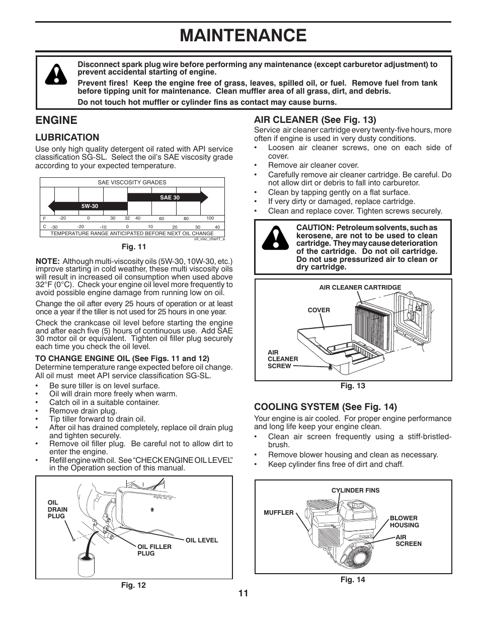 Maintenance, Engine, Lubrication | Air cleaner (see fig. 13), Cooling system (see fig. 14) | McCulloch MHDF800 User Manual | Page 11 / 18