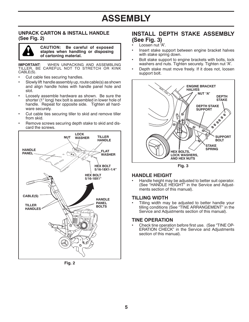 Assembly, Install depth stake as sem bly (see fig. 3), 5unpack carton & install handle (see fig. 2) | Handle height, Tilling width, Tine operation | McCulloch MHDF800 User Manual | Page 5 / 18