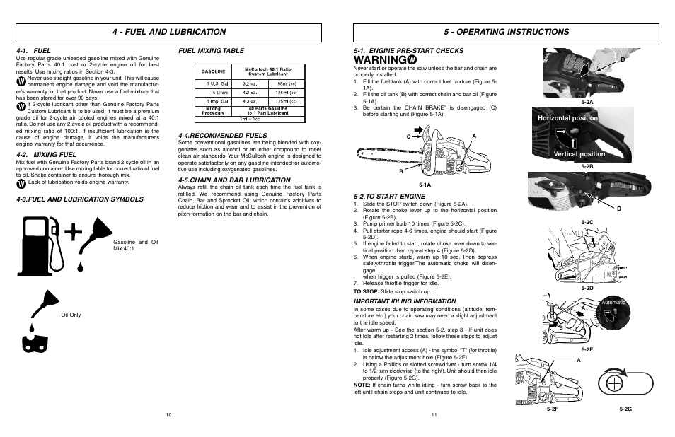 Warning, 4 - fuel and lubrication, 5 - operating instructions | McCulloch TM502 User Manual | Page 11 / 64
