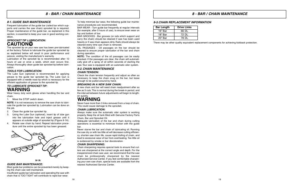 Caution, Warning, 8 - bar / chain maintenance | McCulloch TM502 User Manual | Page 18 / 64