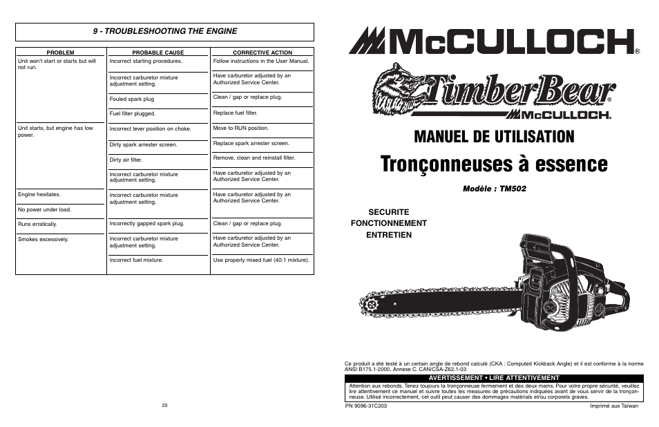 Tronçonneuses à essence, Manuel de utilisation, 9 - troubleshooting the engine | Modèle : tm502, Securite fonctionnement entretien | McCulloch TM502 User Manual | Page 21 / 64