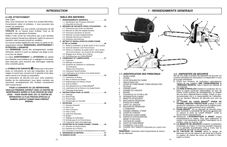 Introduction 1 - renseignments generaux, Table des matieres, 1. identification des principaux | 2. dispositifs de securite | McCulloch TM502 User Manual | Page 23 / 64