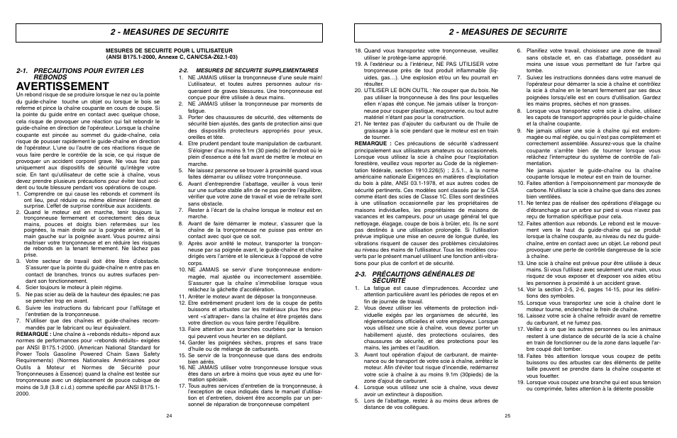 Avertissement, 2 - measures de securite | McCulloch TM502 User Manual | Page 24 / 64