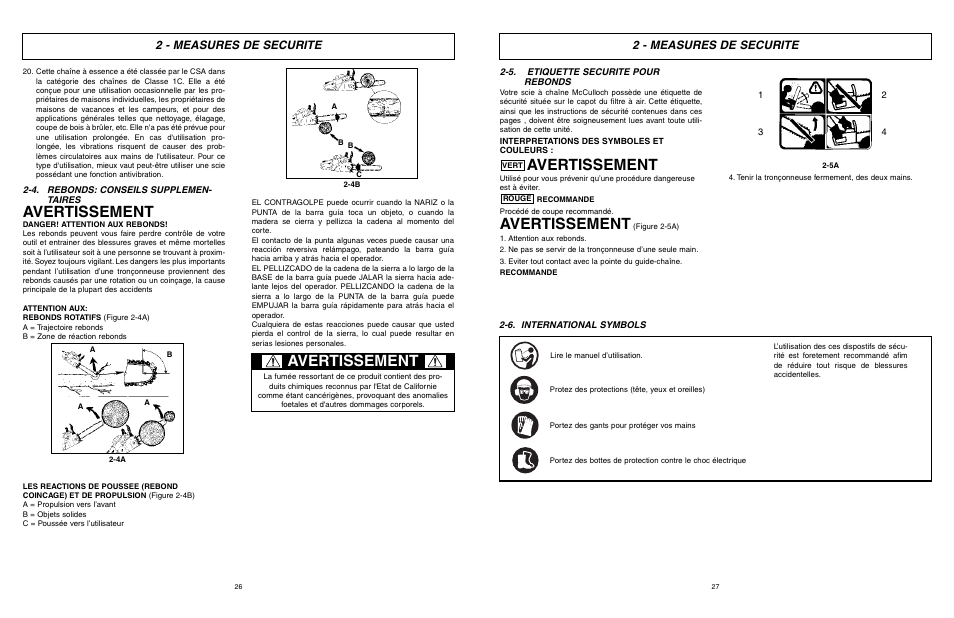 Avertissement, 2 - measures de securite | McCulloch TM502 User Manual | Page 26 / 64