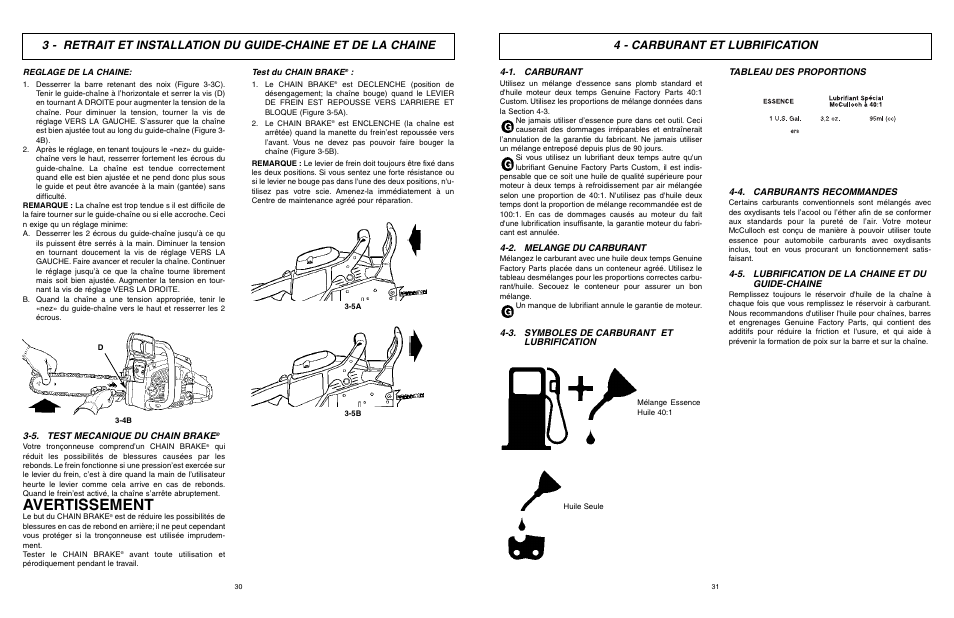 Avertissement, 4 - carburant et lubrification | McCulloch TM502 User Manual | Page 30 / 64