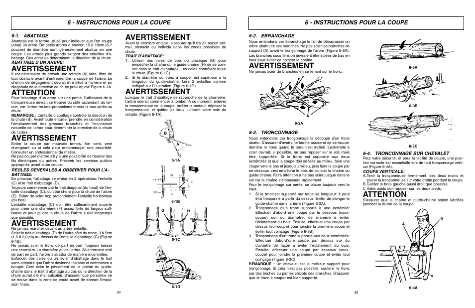 Avertissement, Attention, 6 - instructions pour la coupe | McCulloch TM502 User Manual | Page 34 / 64