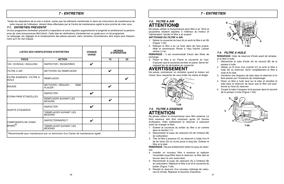 Attention, Avertissement, 7 - entretien | McCulloch TM502 User Manual | Page 36 / 64