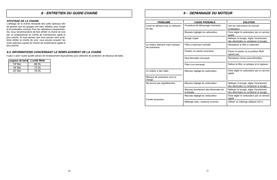 8 - entretien du guide-chaine, 9 - depannage du moteur | McCulloch TM502 User Manual | Page 40 / 64