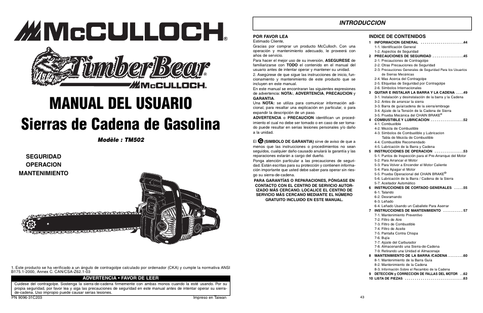 Manual del usuario sierras de cadena de gasolina, Modèle : tm502, Seguridad operacion mantenimiento | Introduccion | McCulloch TM502 User Manual | Page 43 / 64