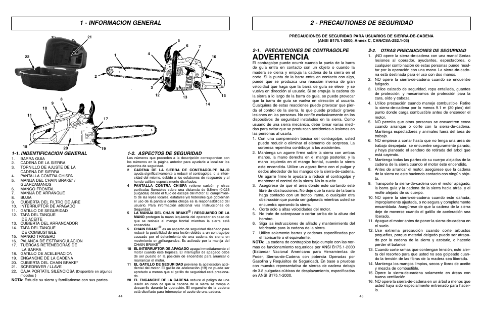 Advertencia, 1 - informacion general, 2 - precautiones de seguridad | McCulloch TM502 User Manual | Page 44 / 64