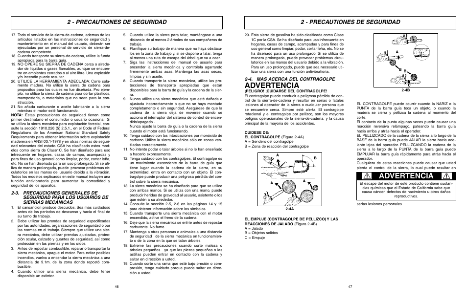 Advertencia, 2 - precautiones de seguridad | McCulloch TM502 User Manual | Page 46 / 64