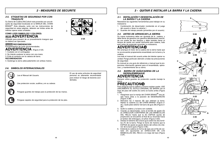 Advertencia, Precaution, 2 - measures de securite | 3 - quitar e instalar la barra y la cadena | McCulloch TM502 User Manual | Page 48 / 64