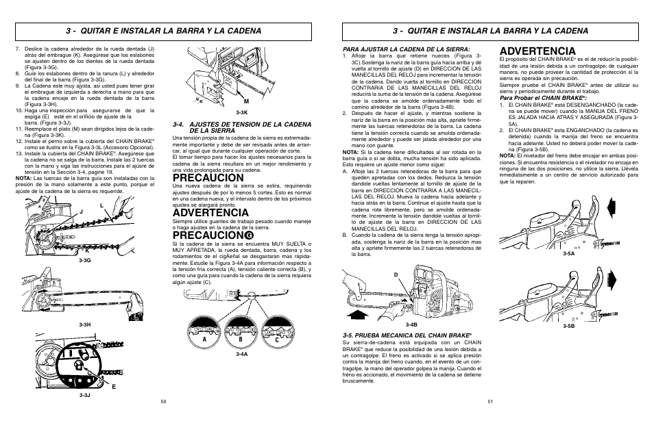 Precaucion, Advertencia, 3 - quitar e instalar la barra y la cadena | McCulloch TM502 User Manual | Page 50 / 64