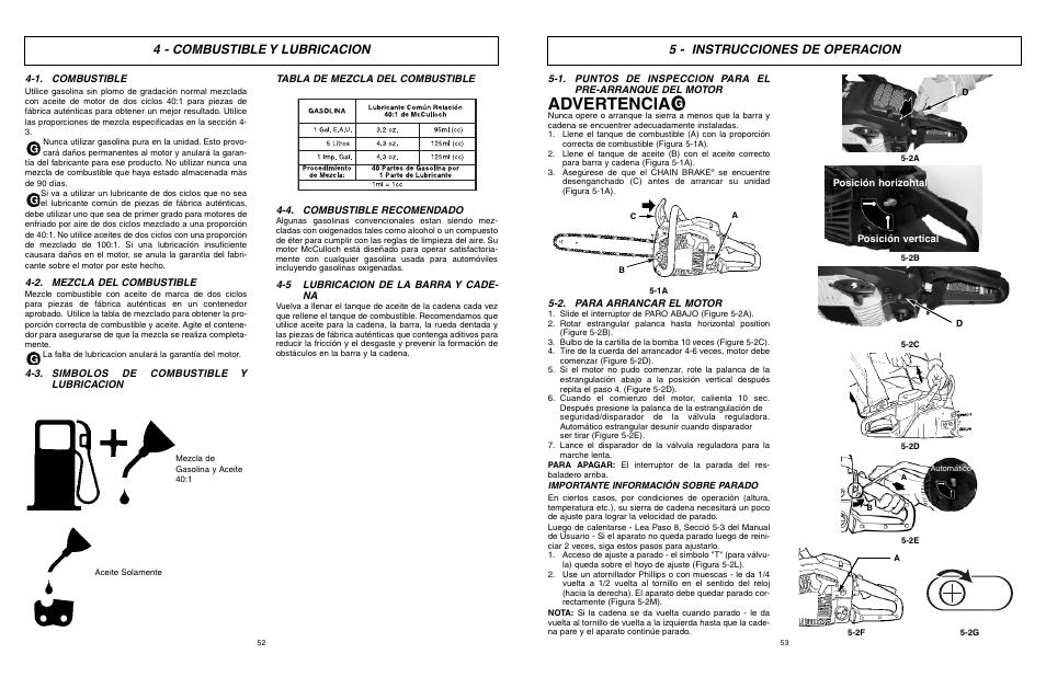 Advertencia, 4 - combustible y lubricacion, 5 - instrucciones de operacion | McCulloch TM502 User Manual | Page 52 / 64