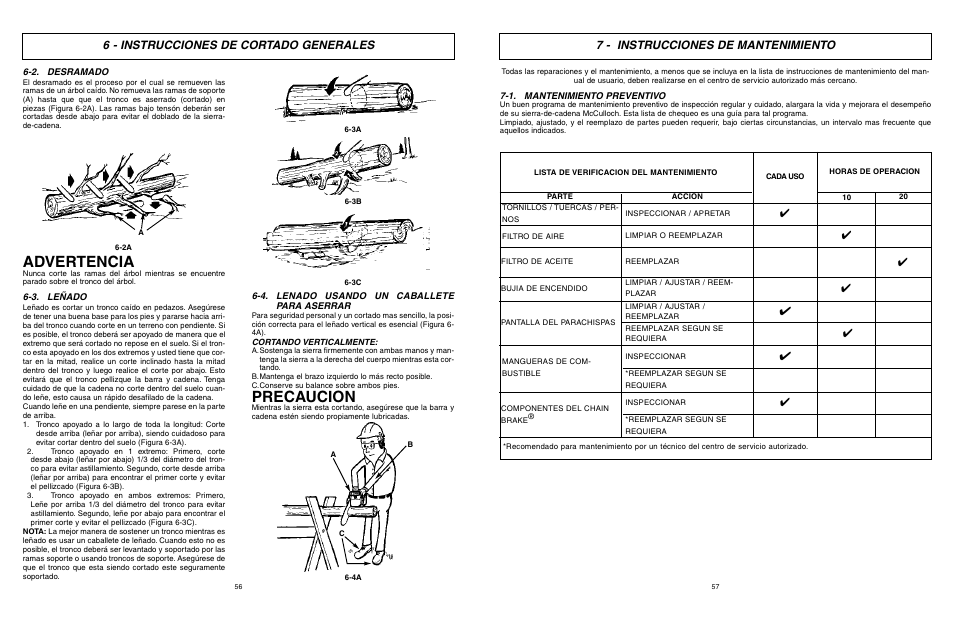 Advertencia, Precaucion, 6 - instrucciones de cortado generales | 7 - instrucciones de mantenimiento | McCulloch TM502 User Manual | Page 56 / 64