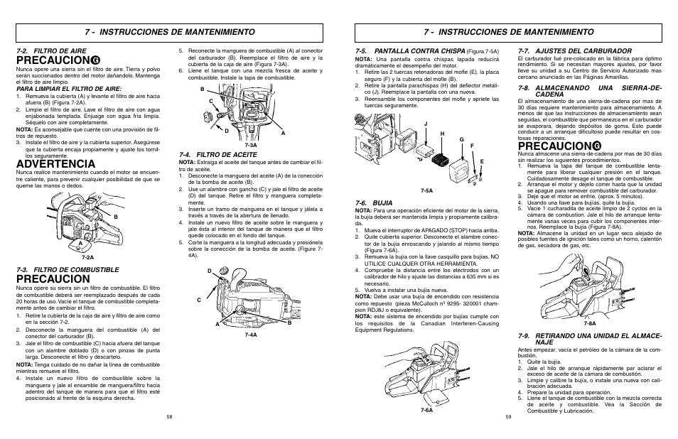 Precaucion, Advertencia, 7 - instrucciones de mantenimiento | McCulloch TM502 User Manual | Page 58 / 64