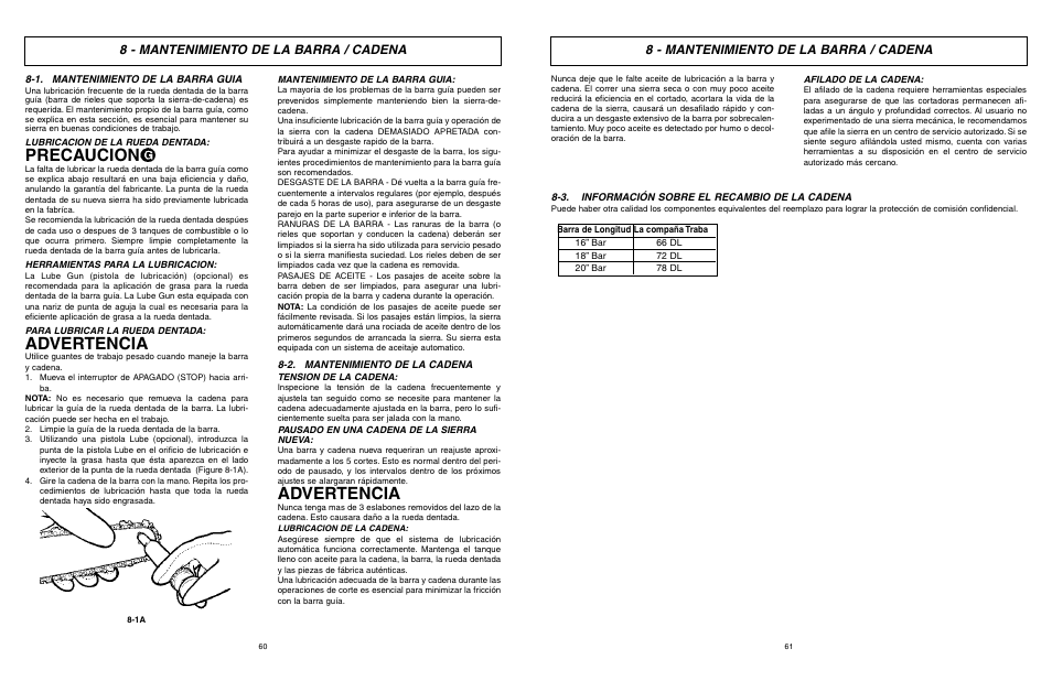 Precaucion, Advertencia, 8 - mantenimiento de la barra / cadena | McCulloch TM502 User Manual | Page 60 / 64