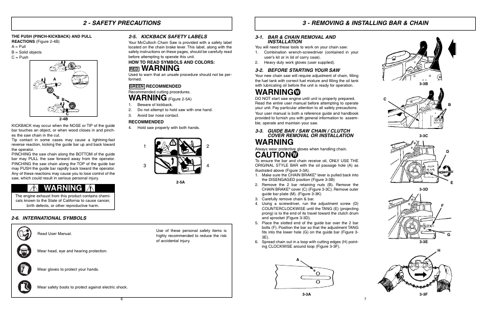 Warning, Caution, 2 - safety precautions | 3 - removing & installing bar & chain | McCulloch TM502 User Manual | Page 7 / 64