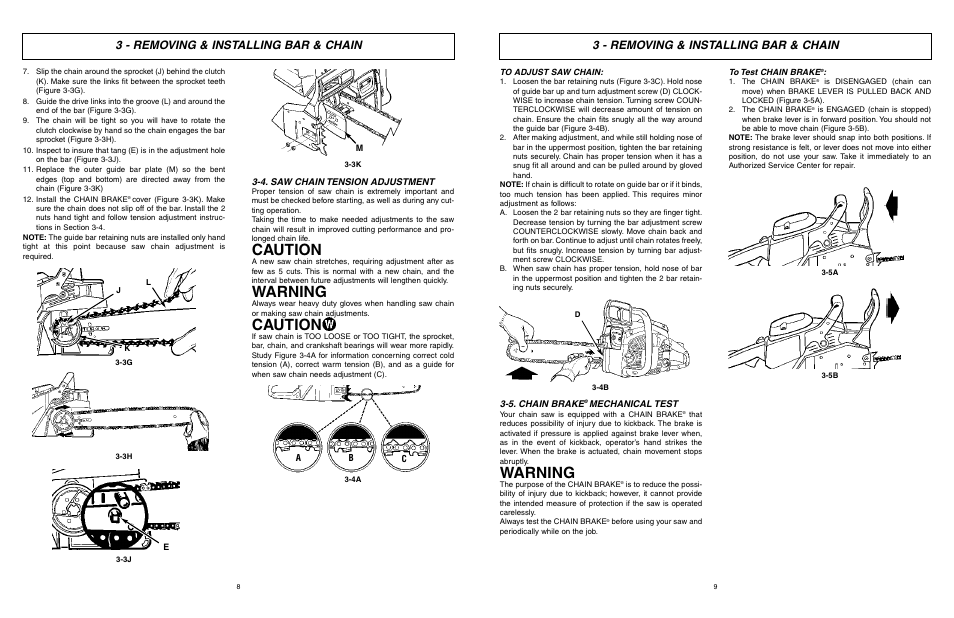 Warning, Caution, 3 - removing & installing bar & chain | McCulloch TM502 User Manual | Page 8 / 64