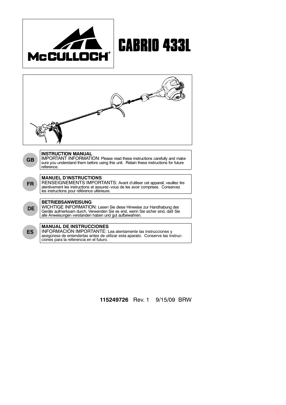 McCulloch Cabrio 115249726 User Manual | 21 pages