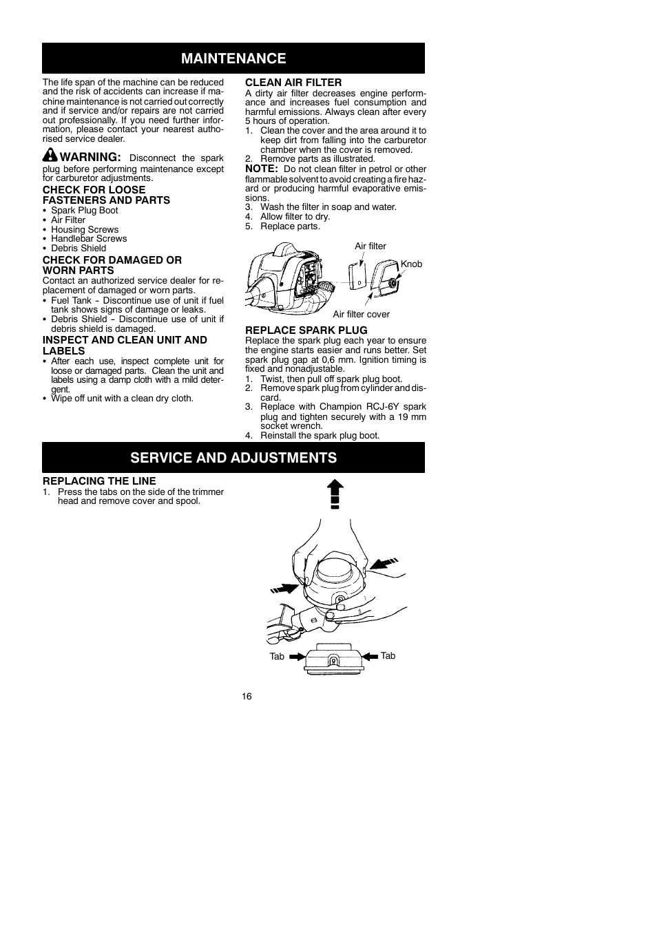 Maintenance, Service and adjustments, Warning | McCulloch Cabrio 115249726 User Manual | Page 16 / 21