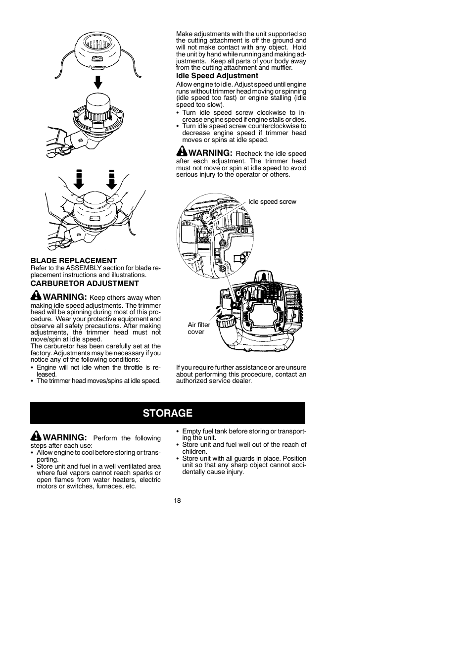 Storage, Warning | McCulloch Cabrio 115249726 User Manual | Page 18 / 21