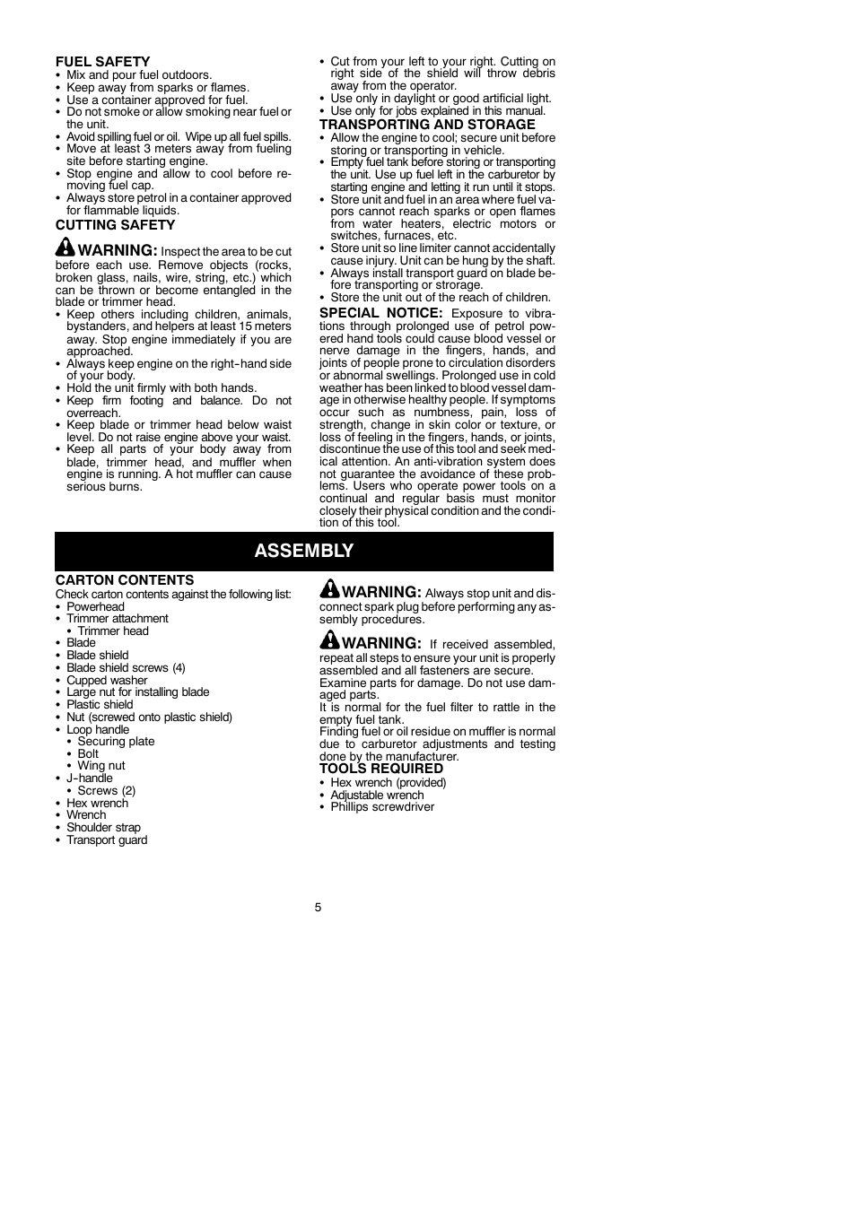 Assembly, Warning | McCulloch Cabrio 115249726 User Manual | Page 5 / 21
