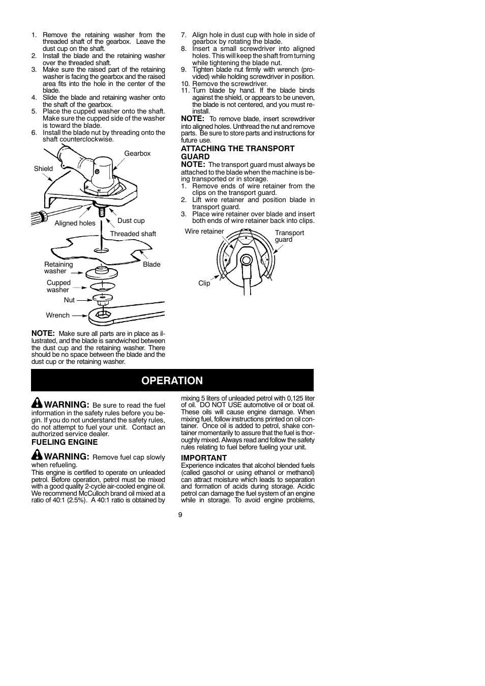 Operation, Warning | McCulloch Cabrio 115249726 User Manual | Page 9 / 21